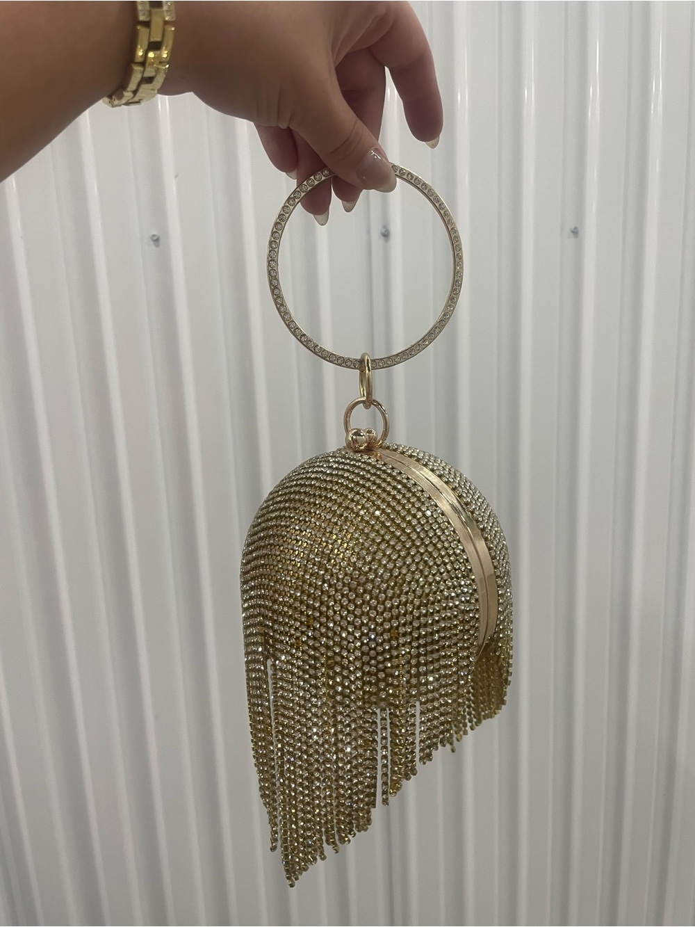 Gold Crystal Fringe Ring Handle Wristlet Clutch